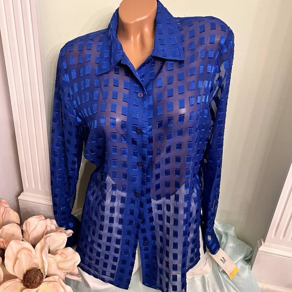 Erena. Size Medium. NWT. NOS. Sheer Shiny Tone on Tone Long Sleeve Shirt. B28